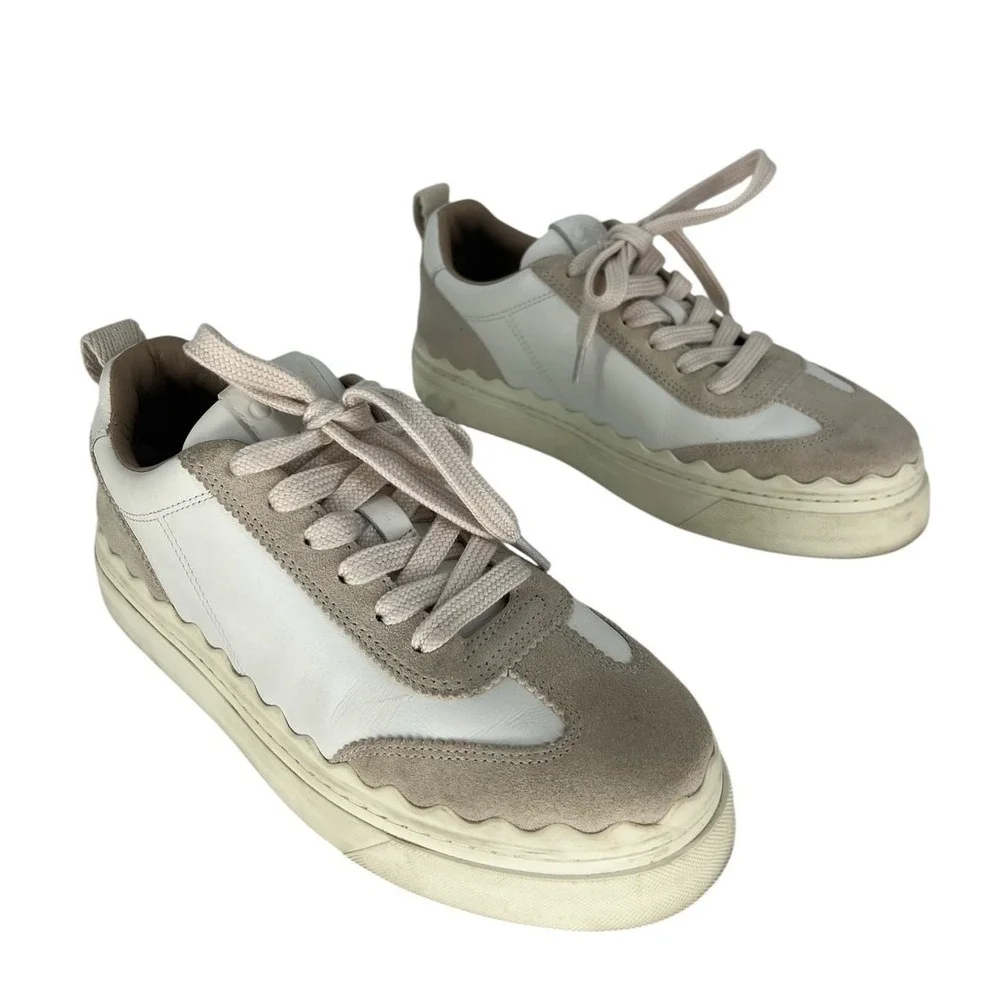 Chloé Lauren Leather Suede‎ Platform Sneakers White Beige 37